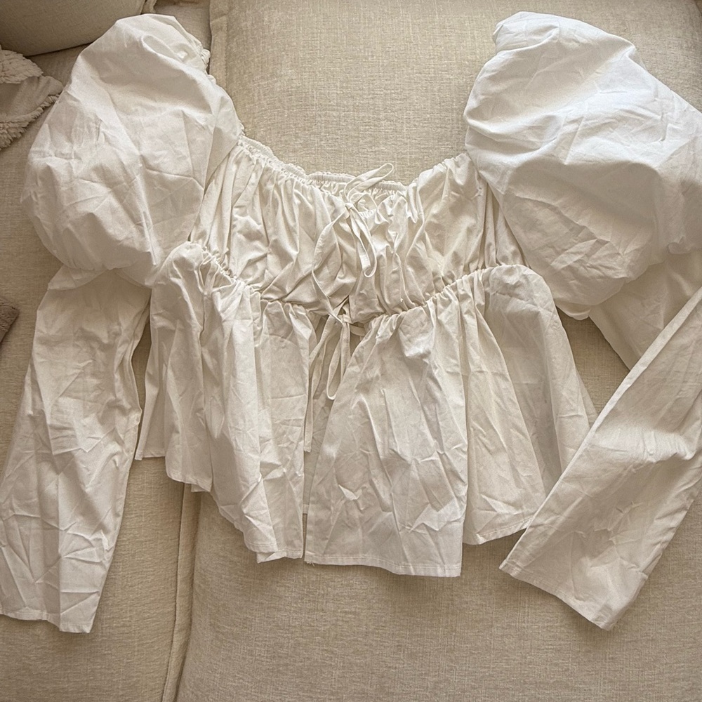 White Ruffled Smocked Blouse with Long Sleeves